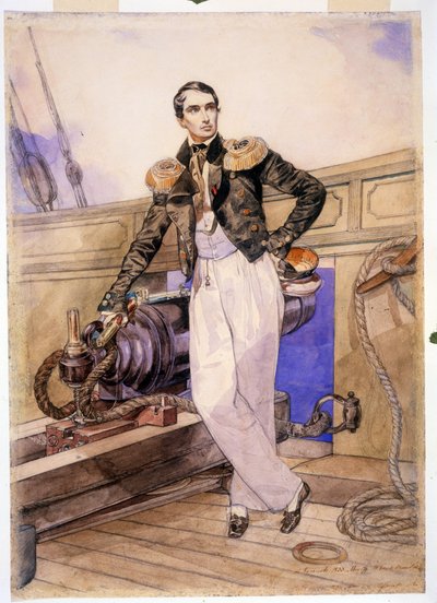 Vladimir Alekseevič Kornilov 1806-1854) na palubě brigy Themistocle. (Vladimir Alexejevič Kornilov na palubě brigy Themistocles). Námořní důstojník a náčelník štábu Černomořské flotily, hrdina krymské války (1853-1856), stojí od Karl Pavlovich Bryullov