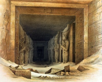 Obří vápencové sochy Ramsese II (Ramesse - 1304-1237 př. n. l.). Litografie podle Karla Richarda Lepsiuse (1810-1884), pruského egyptologa. Každý z nich drží v ruce hák a mávátko, symboly královské moci. od Karl Richard Lepsius