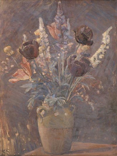 Hliněná váza s tulipány a dalšími květinami od Karla Schoua od Karl Schou