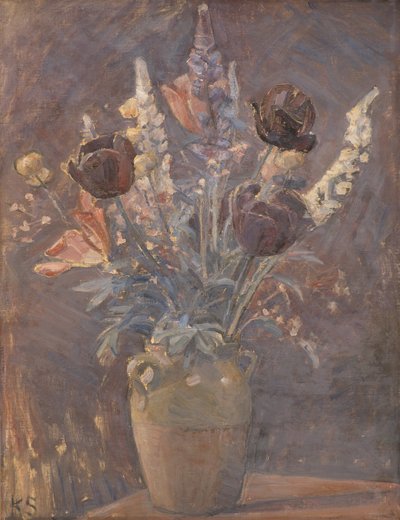 Hliněná váza s tulipány a jinými květinami od Karl Schou
