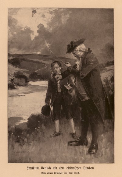 Benjamin Franklin zkoumá blesk (litografie) od Karl Storch