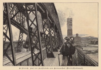 Na vysokém mostě Grunental přes Kielský průplav, Německo (rytina) od Karl Storch