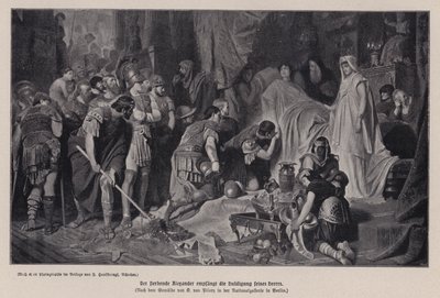 Umírající Alexandr Veliký přijímající poctu své armády, Babylon, 323 př.nl (litho) od Karl Theodor von Piloty