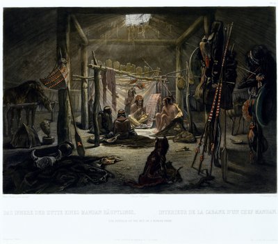 Interiér chatrče Mandanského náčelníka, vyryl Narcisse Edmond Desmadryl (nar. 1801) kolem roku 1835 (rytina s akvatintou) od Karl after Bodmer