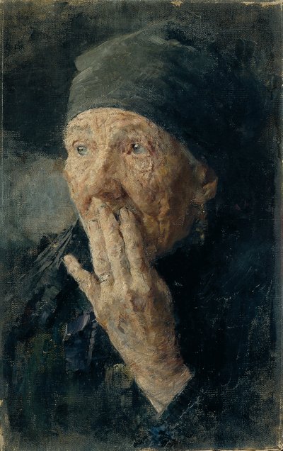 Hlava staré ženy s rukou přes ústa od Karoline Kubin