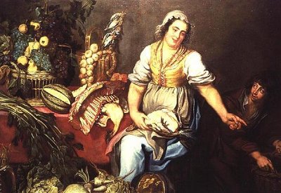 Kuchyňské zátiší s ovocem, zeleninou a dívkou držící kuře od Kasper or Gaspar van den Hoecke