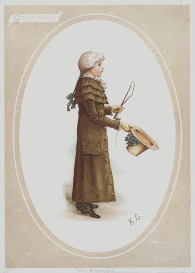 Chlapec v dlouhém hnědém kabátě, s parukou, kloboukem a loveckým bičem (barva litho) od Kate (after) Greenaway
