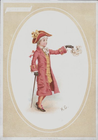 Chlapec v červeném obleku, mává kapesníkem (barva litho) od Kate (after) Greenaway