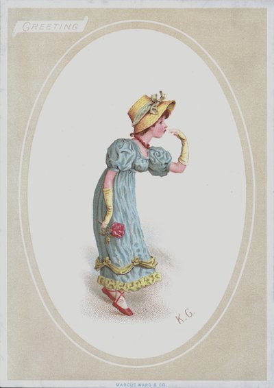Dívka v modrých šatech se slaměným kloboukem, držící růži (barva lito) od Kate (after) Greenaway