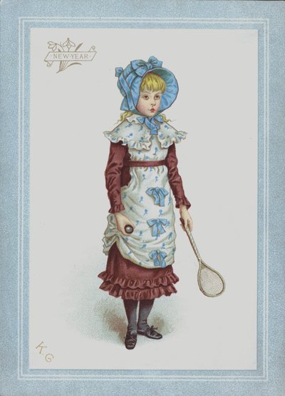 Dívka v šatech a čepici, držící míček a raketu (barva litho) od Kate (after) Greenaway