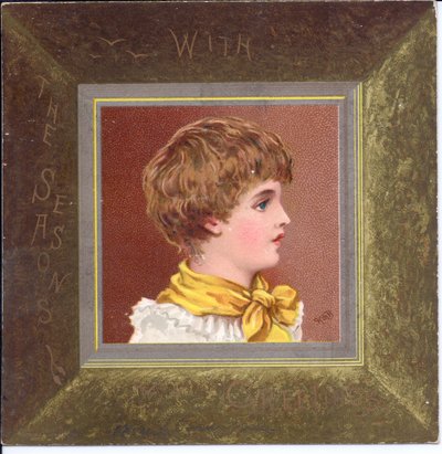 Viktoriánské novoroční přání dívky v regency oblečení s modrou čepicí, kolem roku 1880 od Kate Greenaway