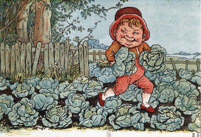 Gnom krade zelí ze zeleninové zahrady. (Skřet krade zelí). Ilustrace Kate Greenaway (1846-1901) z knihy pohádek a dětských říkanek pro děti „Pod oknem“ (1879), kterou upravil Edmund Evans. od Kate Greenaway