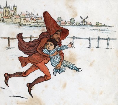 Skřítek si vezme malé dítě. Ilustrace Kate Greenaway (1846-1901) z dětské pohádkové knížky „Pod oknem“ (1879), kterou upravil Edmund Evans. od Kate Greenaway