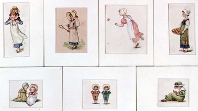 Kolekce miniaturních akvarelů hrajících si dětí od Kate Greenaway