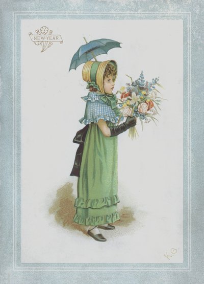 Dívka v zelených šatech, drží slunečník a kytici květin od Kate Greenaway