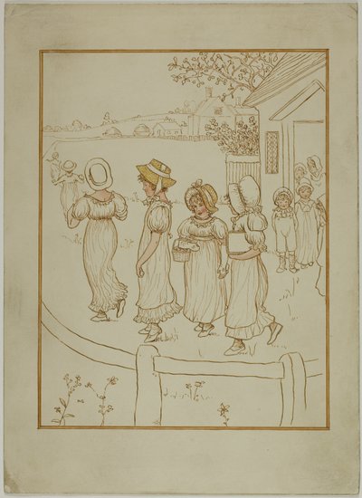 Dívky jdou po uličce od Kate Greenaway