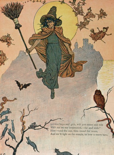 „Malí chlapci a děvčata, půjdete a pojedete se mnou na mém koštěti“, ilustrace z „Pod oknem“ od umělce z konce 19. století od Kate Greenaway