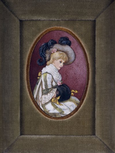Oválný portrét blondýnky v opeřeném klobouku s rukama v rukávníku od Kate Greenaway