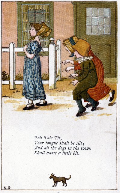 Tell tale tit/Your gongue shall be slit: Ilustrace Kate Greenawayové (1846-1901) ke knize dětských říkanek. Chromolitografie od Kate Greenaway