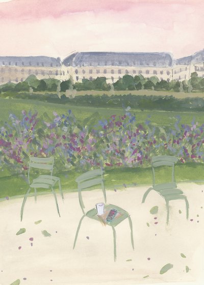 Akvarelová ilustrace pařížské zahrady od Katharina Puritscher