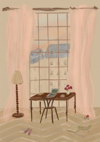 Ilustrace s výhledem z pařížského okna a rustikálním psacím stolem od Katharina Puritscher