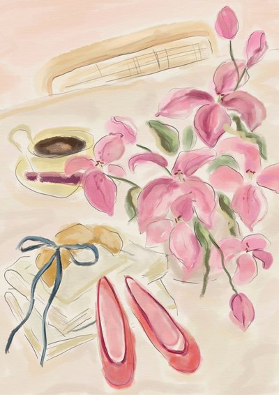 Zátiší – akvarelová ilustrace s baletkami od Katharina Puritscher