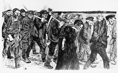 Demonstrace dělníků, ilustrace Kathe Kollwitz (1867-1945) k opeře Die Weber (Tkalci) od Käthe Kollwitz