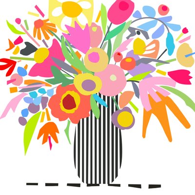 Květy a pruhy 1, 2024 (digitální ilustrace z původní koláže na dřevěné desce) od Kathy Dunaway