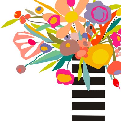 Květy a pruhy 2, 2024 (digitální ilustrace z původní koláže na dřevěné desce) od Kathy Dunaway