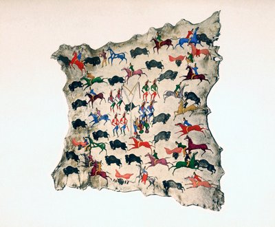 Losí kůže od severoamerických indiánů Shoshone, zobrazující lov buvolů, 20. století od Katsikodi