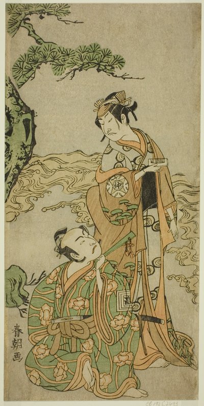 Herci Nakamura Nakazo I jako Matsukaze (vpravo) a Ichikawa Komazo I jako Yukihira (vlevo), ve hře Kuni no Hana Ono no Itsumoji, představení v divadle Nakamura v jedenáctém měsíci, 1771 od Katsukawa Shuncho
