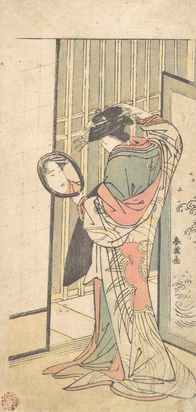 Kurtizána při pohledu na její odraz v ručním zrcadle, ca. 1787. od Katsukawa Shun
