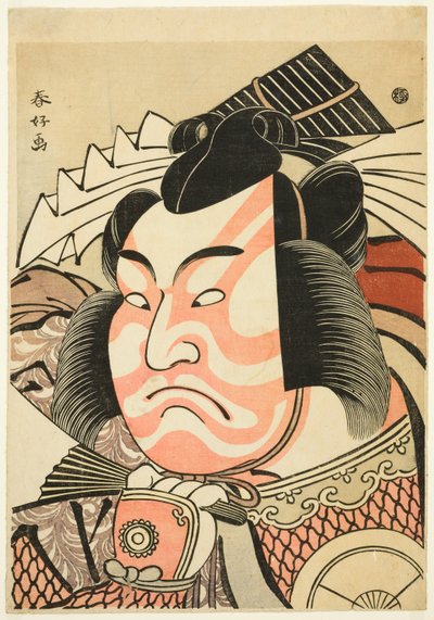 Herec Iwai Hanshirô IV jako Akita Jônosuke Yoshikage v roli "Shibaraku" ve filmu "Memorial Service for St. Nichiren: (Mieiko Nori no Hachi no Ki). od Katsukawa Shun