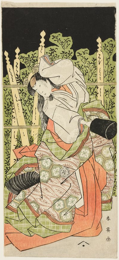 Herec Segawa Kikunojô III Možná jako Ono no Komachi ve filmu "Komachi Village: Nový rok v divadle ("Komachimura shibai no shôgatsu") od Katsukawa Shun
