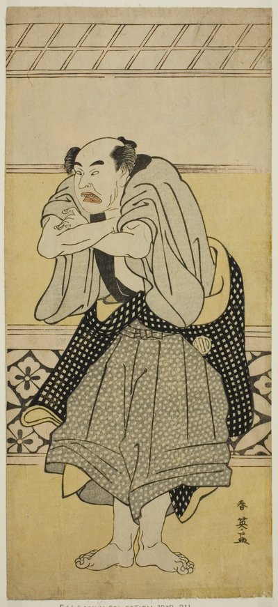 Herec Asao Tamejuro I. jako opilý Gotobei ve hře Yoshitsune Koshigoe Jo, která se hrála v divadle Ichimura v devátém měsíci roku 1790 od Katsukawa Shun