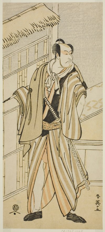Herec Ičikawa Ebizo (Dandžuró V) jako Banzui Čobei ve hře Gozen-gakari Sumo Soga, která se hrála v divadle Kawarazaki ve druhém měsíci roku 1793. od Katsukawa Shun