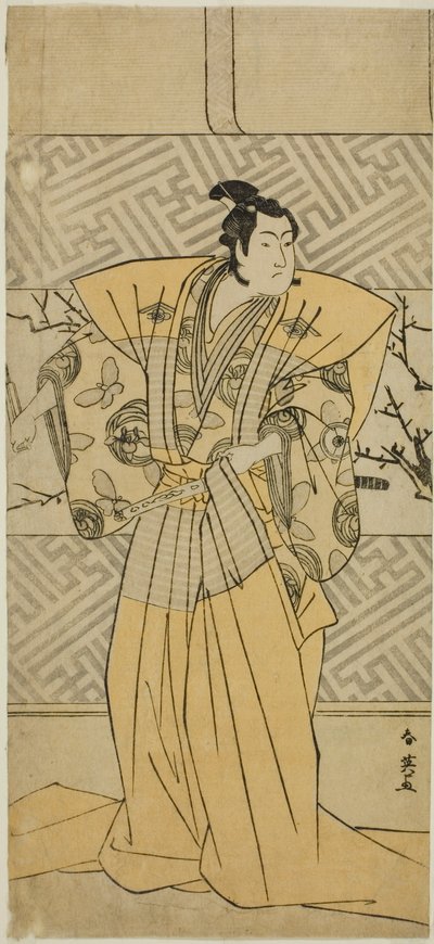 Herec Iwai Hanshiro IV jako Soga no Goro Tokimune ve hře Koi no Yosuga Kanegaki Soga, která se hrála v divadle Ichimura v prvním měsíci roku 1789 od Katsukawa Shun
