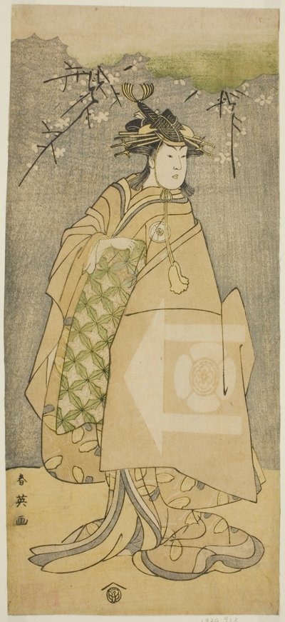 Herec Iwai Kiyotaro jako Kewaizaka no Shosho ve hře Gohiiki no Hana Aikyo Soga, která se hrála v divadle Kawarazaki v prvním měsíci roku 1794 od Katsukawa Shun