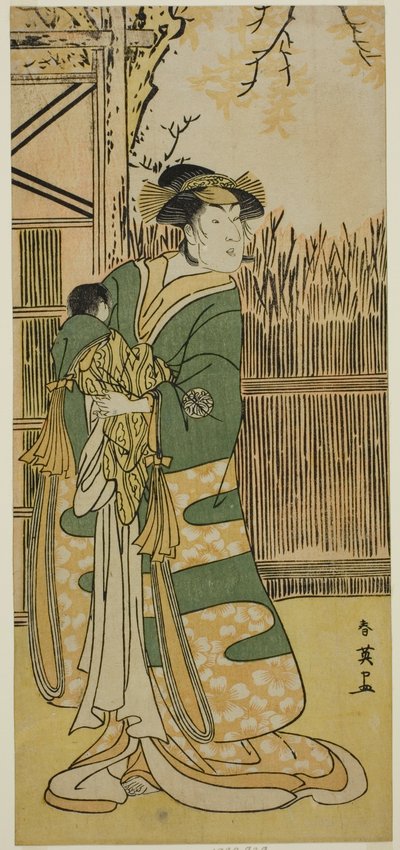 Herec Nakajama Tomisaburo I. jako paní Tokiwa (Tokiwa Gozen) () ve hře Kimmenuki Genke no Kakutsuba (), hrané v divadle Ichimura () v jedenáctém měsíci roku 1791 () od Katsukawa Shun