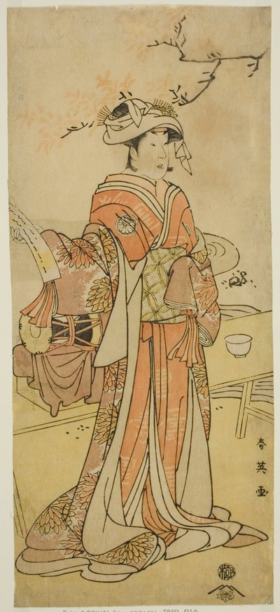 Herec Segawa Kikunojo III jako liščí víla Otatsu-gitsune v převleku za Shizuka Gozen ve hře Kogane Saku Date no Okida, která se hrála v divadle Ichimura v jedenáctém měsíci roku 1792 od Katsukawa Shun