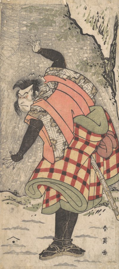 Neznámý herec jako Kyokaku stojící na úpatí útesu ve sněhové bouři, ca. 1793. od Katsukawa Shun