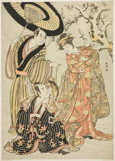 Herci Iwai Hanshirô IV, Ichikawa Monnosuke II a Sakata Hangorô III ve filmu Sněhové vločky: Zvyšování standardu v Izu" ("Mutsu no Hana Izu no Hataage") od Katsukawa Shunkо̄