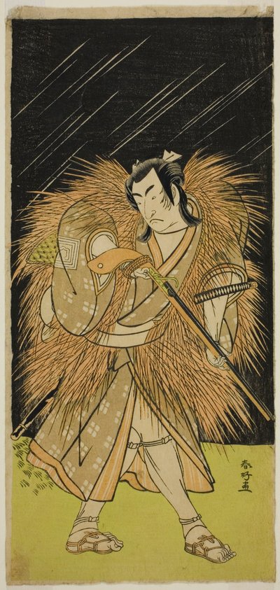 Herec Ičikawa Monnosuke II jako Hayano Kampei ve hře Kanadehon Chushin Najori no Kura, která se hrála v divadle Nakamura v devátém měsíci roku 1780 od Katsukawa Shunkо̄
