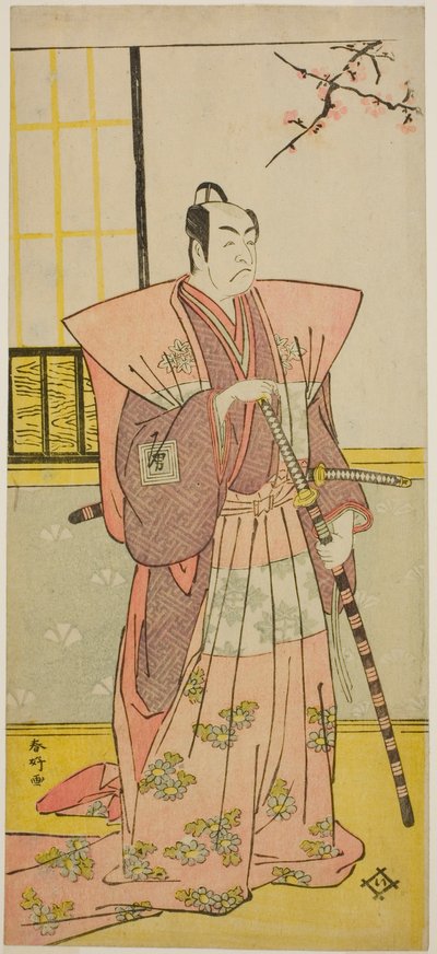 Herec Ičikawa Omezo I. jako Koyurugi Motomenosuke () ve hře Haru no Nishiki Date-zome Soga (), která se hrála v divadle Nakamura () v prvním měsíci roku 1790 () od Katsukawa Shunkо̄
