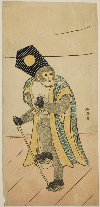 Herec Ičimura Uzaemon IX jako opice ve hře Mitsu Ningyo Yayoi no Hinagata, která se hrála v divadle Nakamura ve druhém měsíci roku 1785 od Katsukawa Shunkо̄