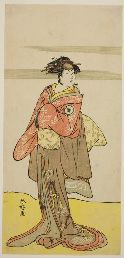Herec Iwai Hanshiro IV. jako Hitomaru převlečený za gejšu Oshun ve hře Edo no Hana Mimasu Soga, která se hrála v divadle Nakamura ve třetím měsíci roku 1783 od Katsukawa Shunkо̄