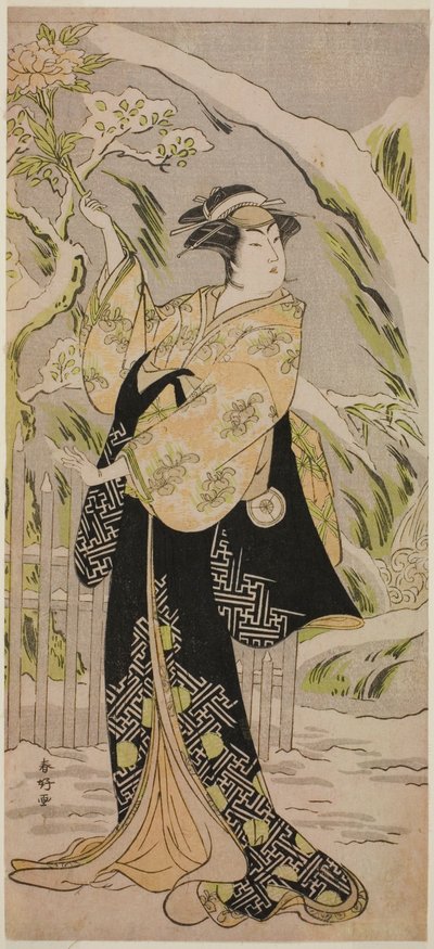 Herec Iwai Hanshiro IV. jako lady Yaehata ve hře Sanga no Sho Haru no Hanayome, která se hrála v divadle Kiri v jedenáctém měsíci roku 1787 od Katsukawa Shunkо̄