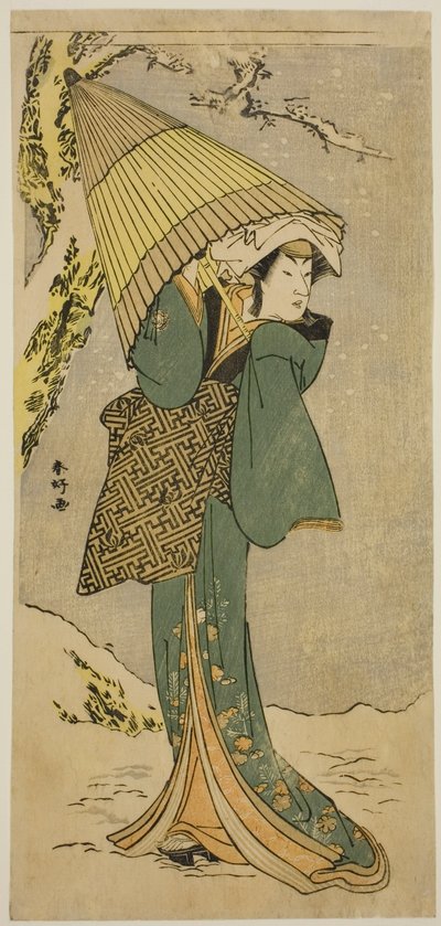 Herec Nakamura Riko I. jako Kiyotaki ve hře Oakinai Hiru ga Kojima, která se hrála v divadle Nakamura v jedenáctém měsíci roku 1784 od Katsukawa Shunkо̄