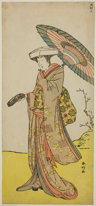 Herec Nakayama Kojuro VI jako Chinzei Hachiro Tametomo převlečený za paní Hotoke (Hotoke Gozen) ve hře Yukimotsu Take Furisode Genji, která se hrála v divadle Nakamura v jedenáctém měsíci roku 1785 od Katsukawa Shunkо̄