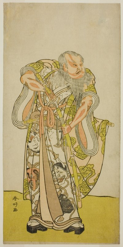 Herec Sakata Hangoro II jako Hige no Ikyu ve hře Shida Yakata Yotsugi no Hikibune, která se hrála v divadle Ichimura v pátém měsíci roku 1782 od Katsukawa Shunkо̄